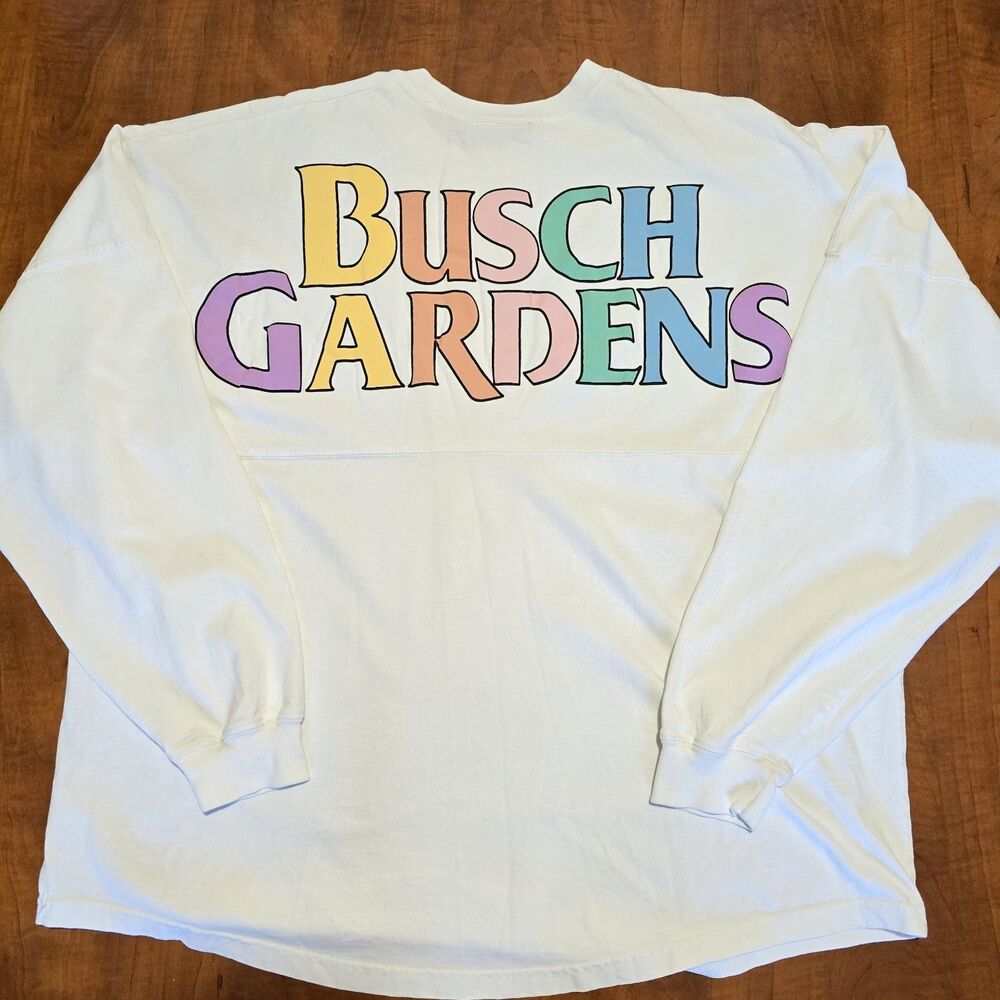 Spirit Jersey Busch Gardens Spell Out Long Sleeve Rainbow Logo Crew Neck Tee XL